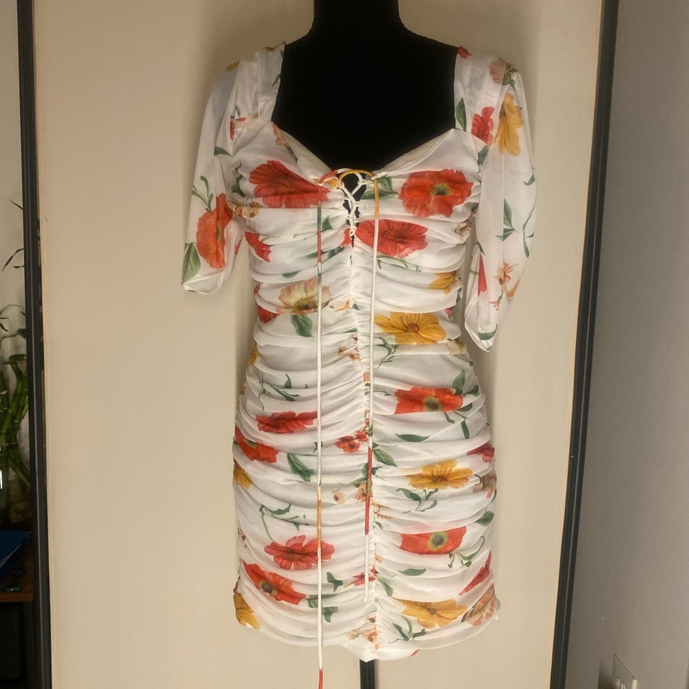Fashion Nova White Floral Ruched Mini Dress with Red & Yellow Poppies